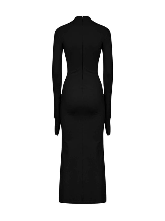 Abito midi in jersey stretch nero con dettaglio gioiello