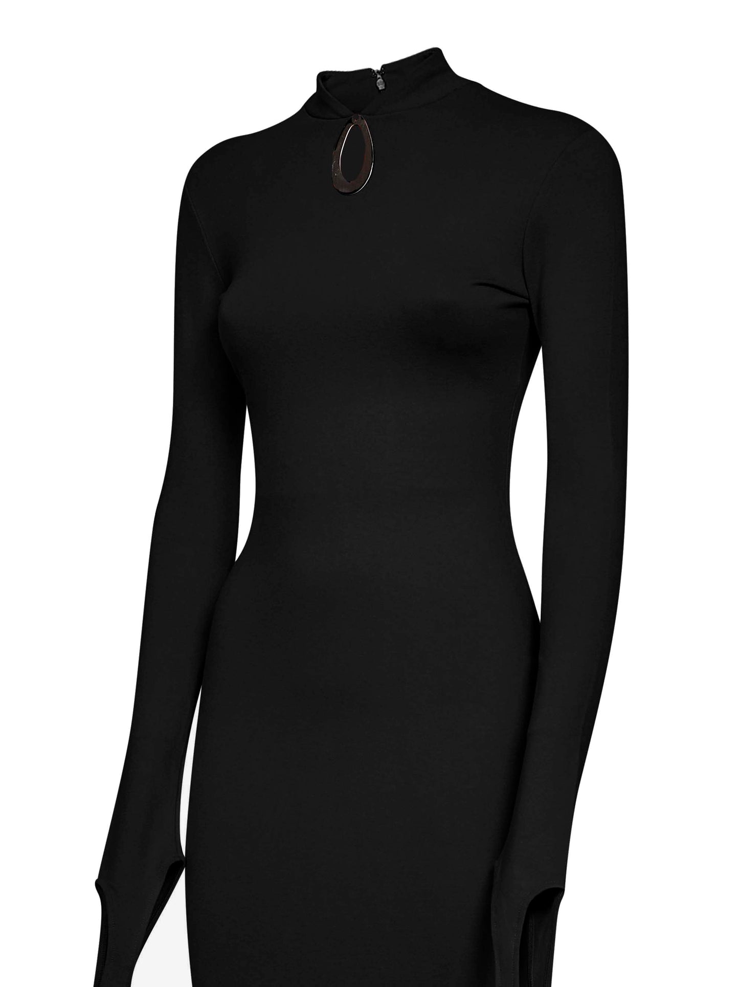 Black stretch jersey midi dress with jeweled detail
