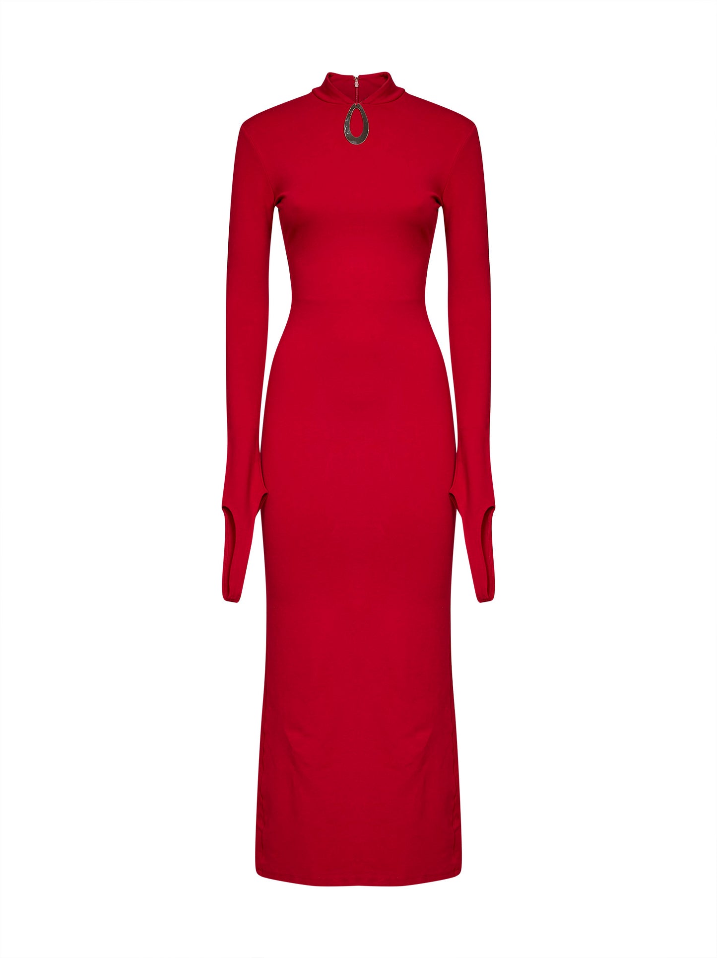 Red stretch jersey midi dress with jeweled detail