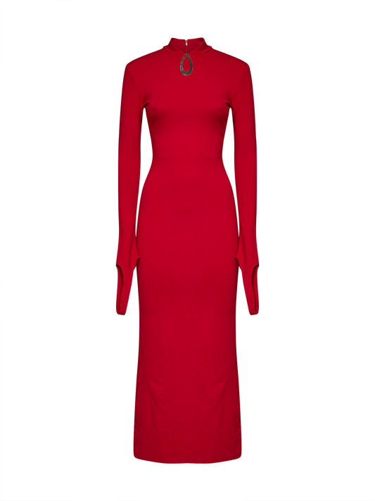 Abito midi in jersey stretch rosso con dettaglio gioiello