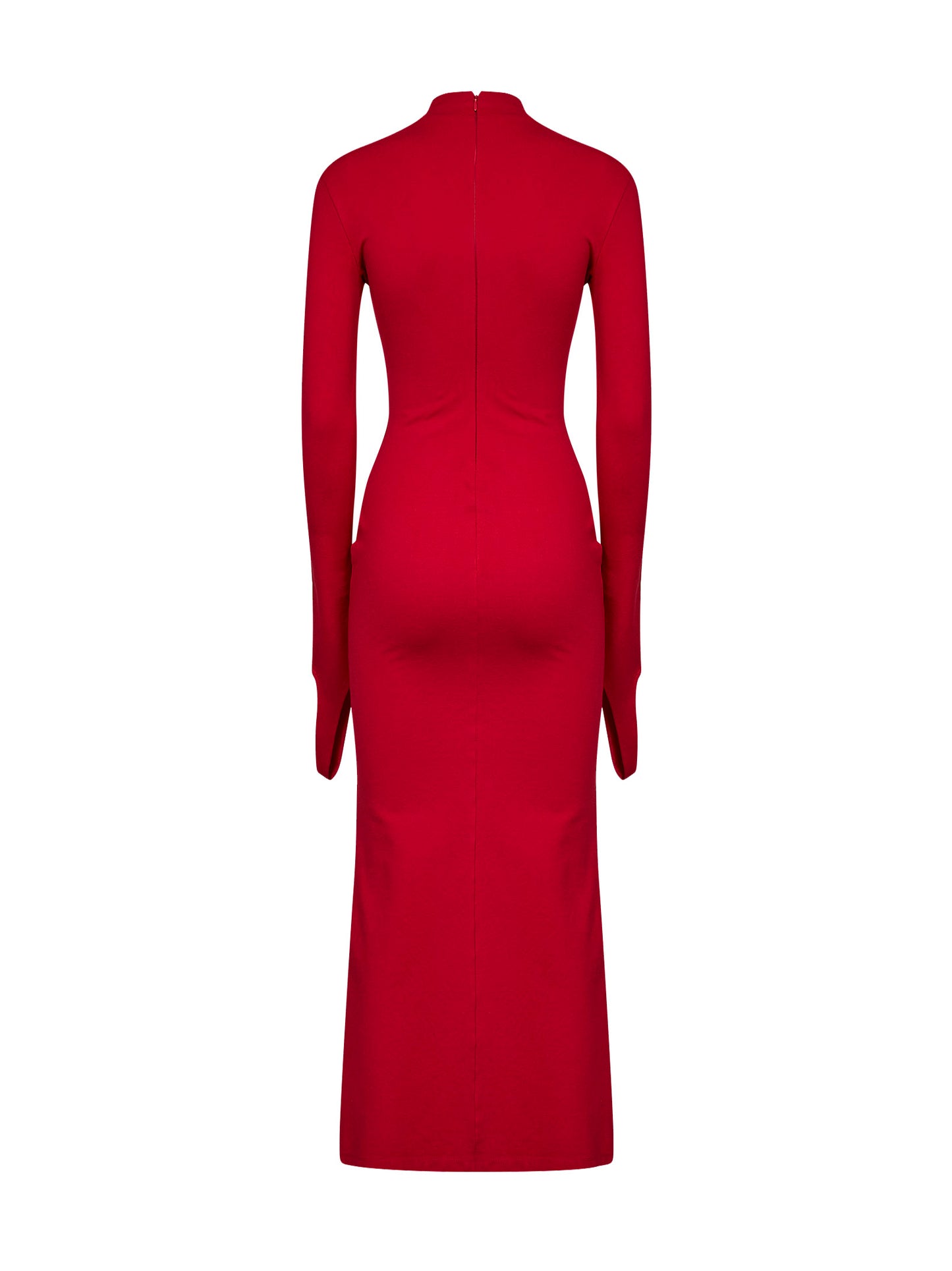 Red stretch jersey midi dress with jeweled detail