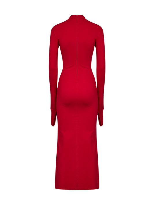 Abito midi in jersey stretch rosso con dettaglio gioiello