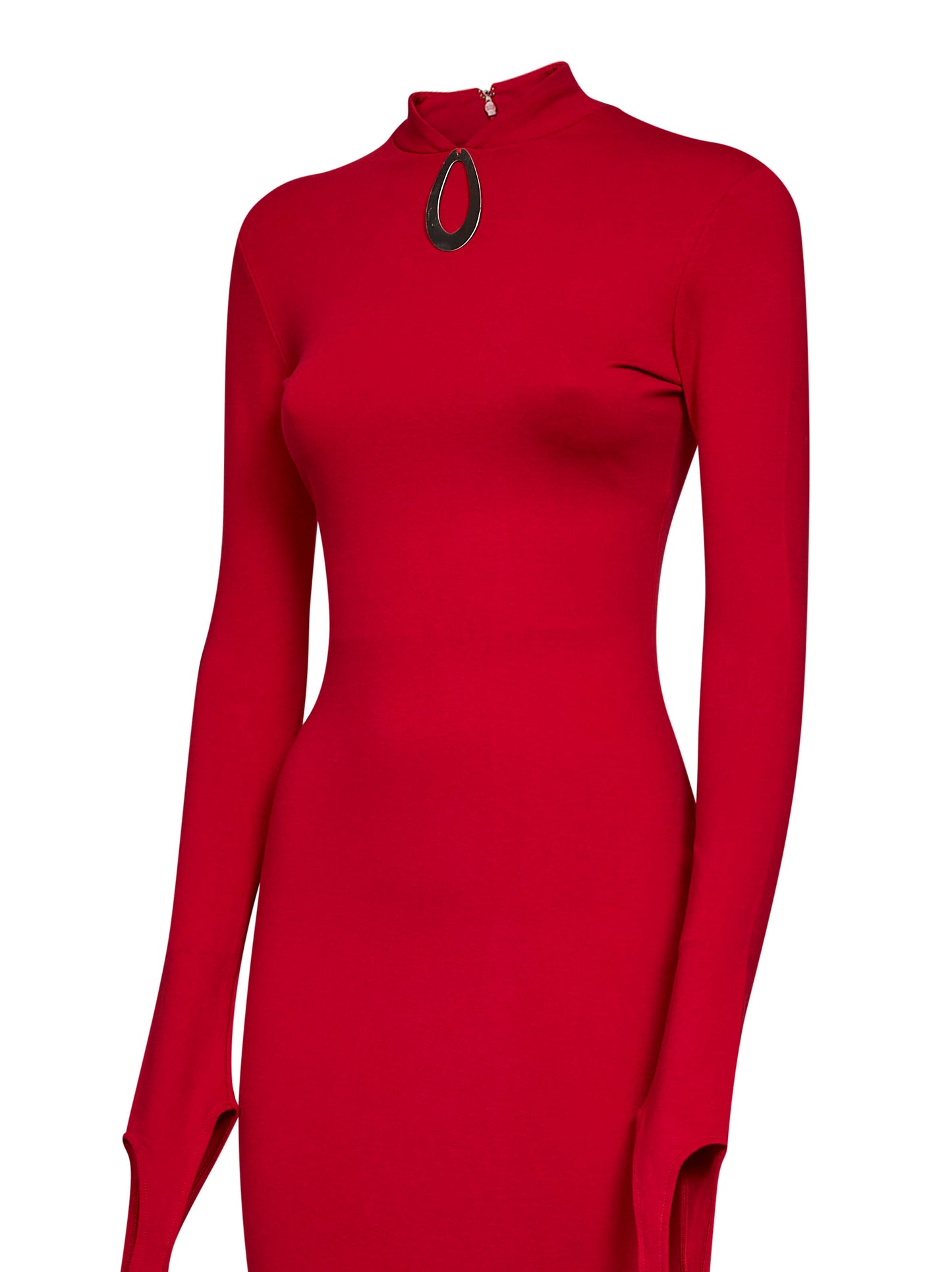 Red stretch jersey midi dress with jeweled detail