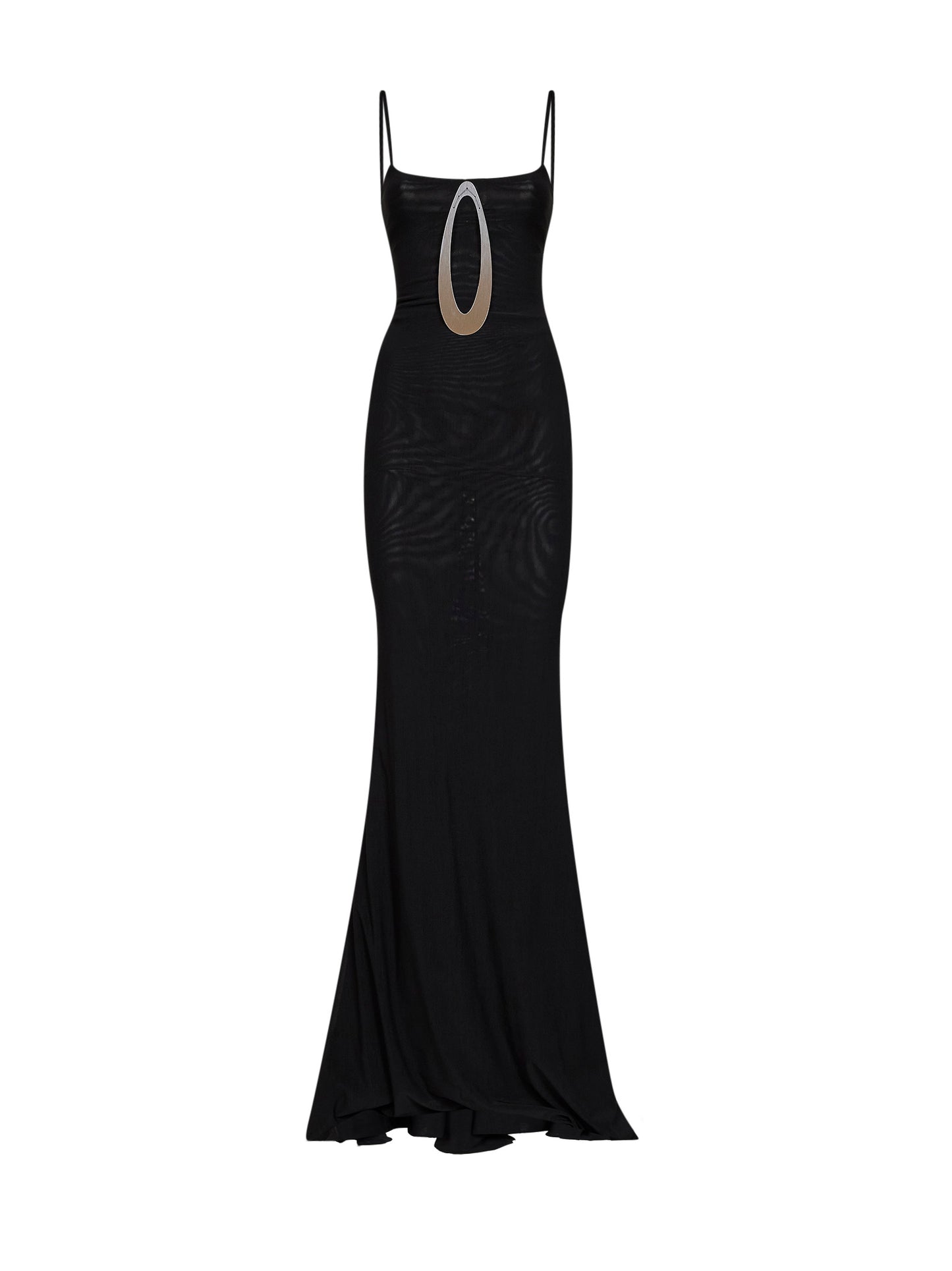 Abito lungo in tulle stretch nero con dettaglio gioiello