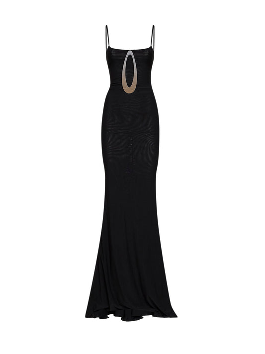 Abito lungo in tulle stretch nero con dettaglio gioiello
