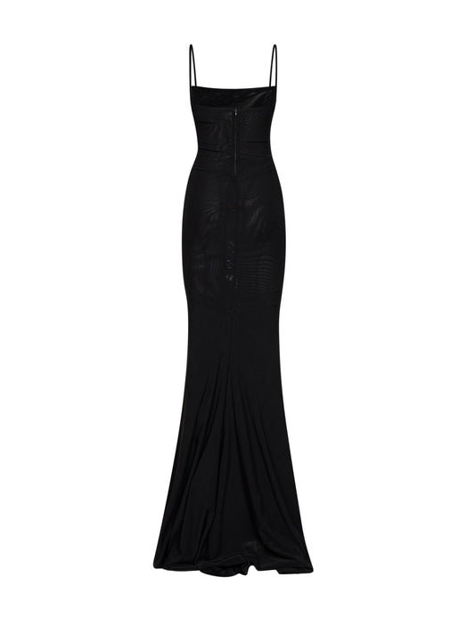 Abito lungo in tulle stretch nero con dettaglio gioiello