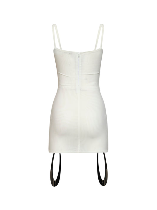 White stretch tulle Acqua mini dress with jeweled details