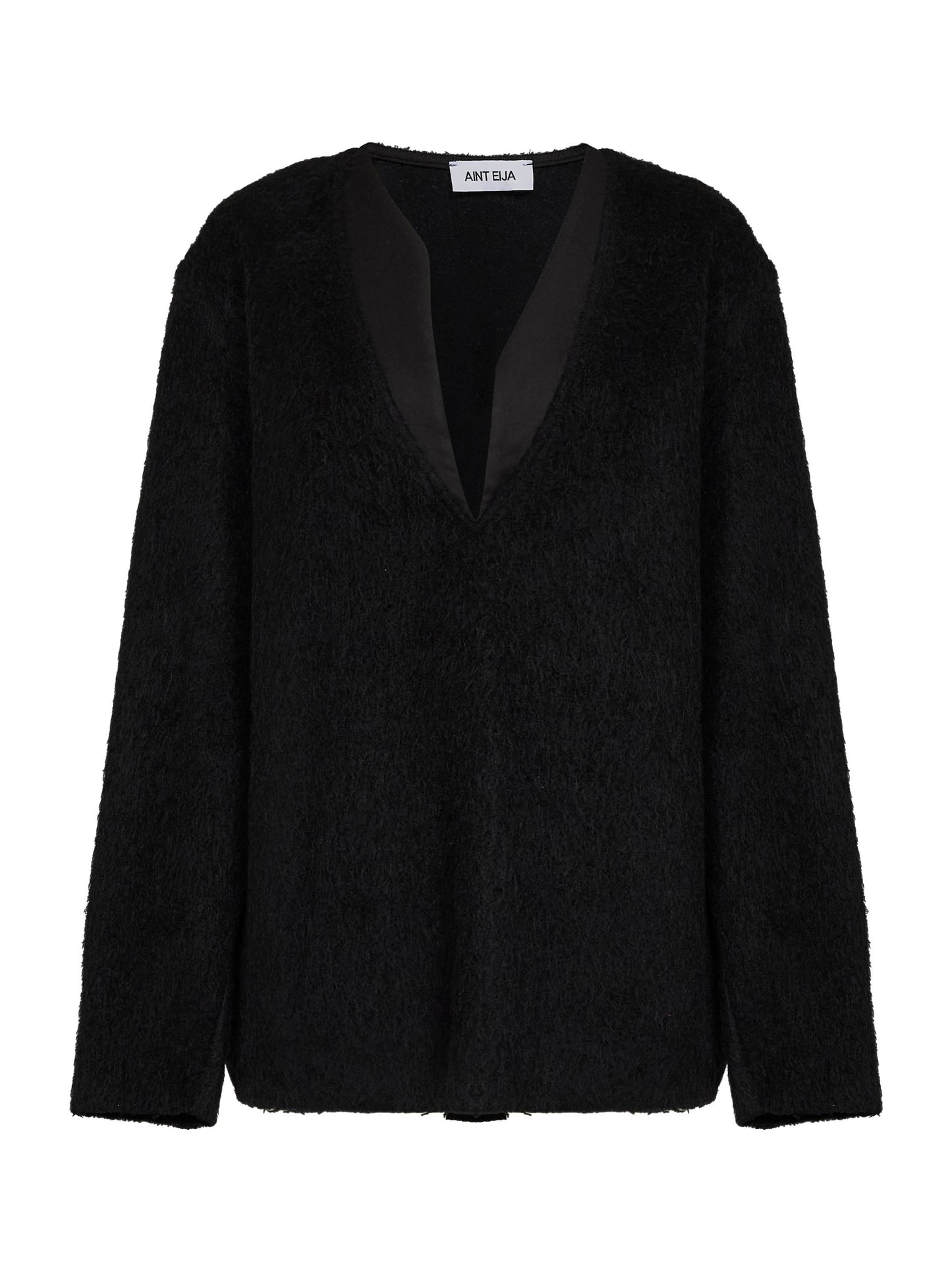Black fleece sweater with asymmetric neckline