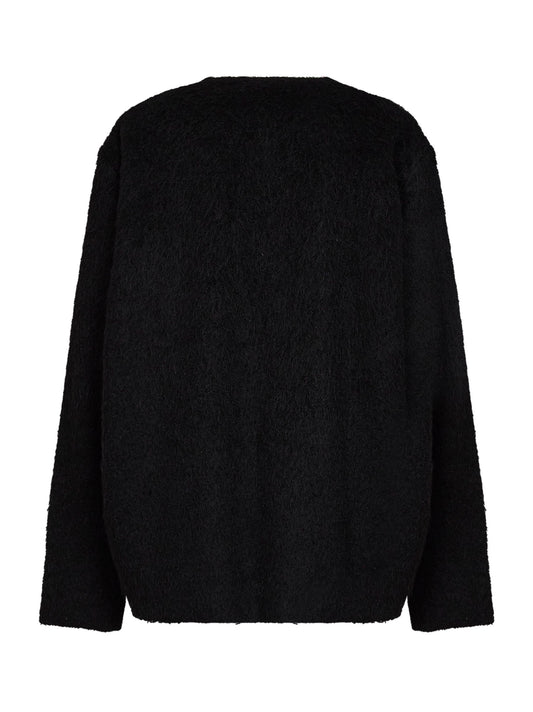 Black fleece sweater with asymmetric neckline