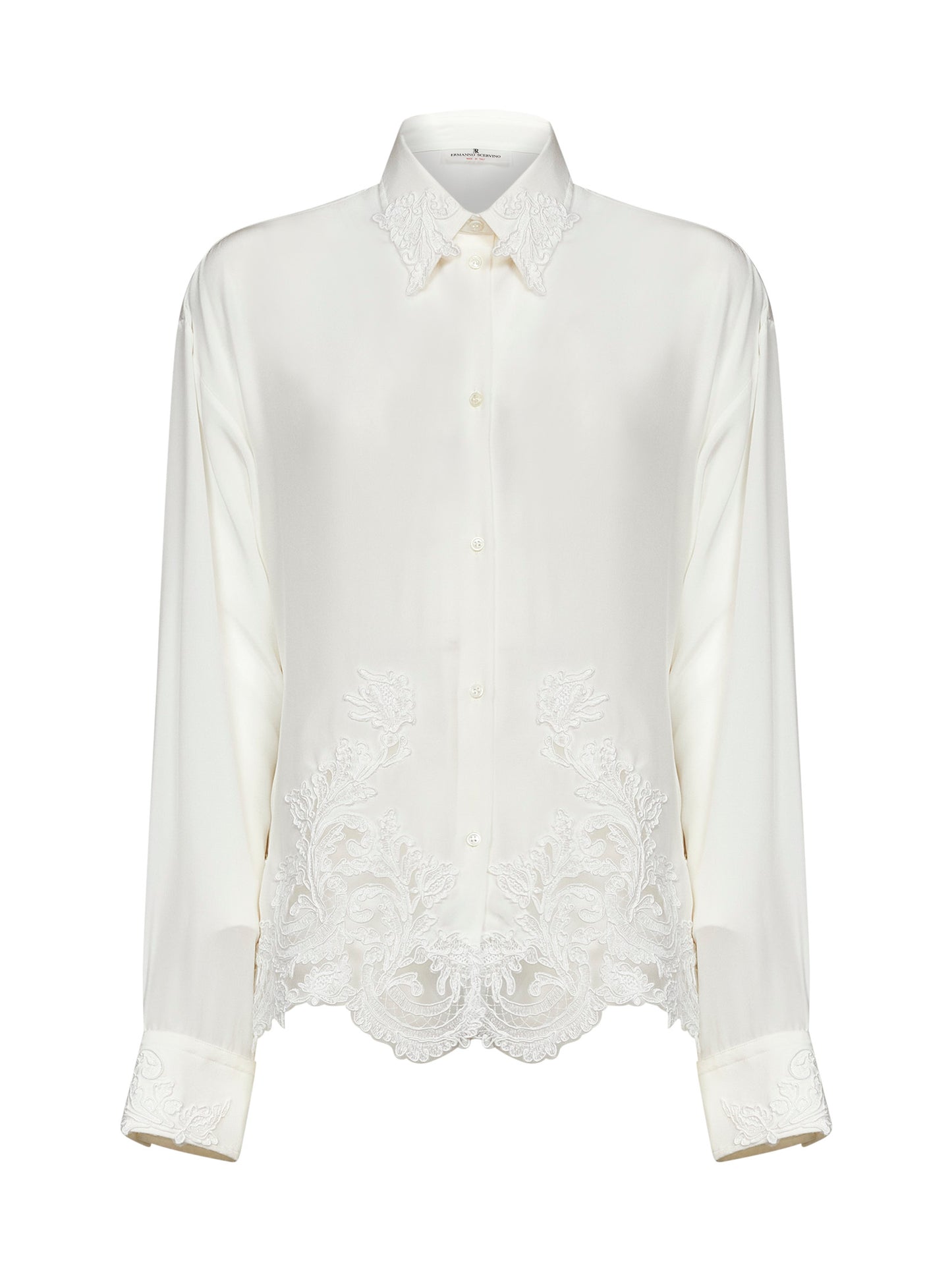 Camicia in crêpe de chine di seta bianca con ricamo in pizzo