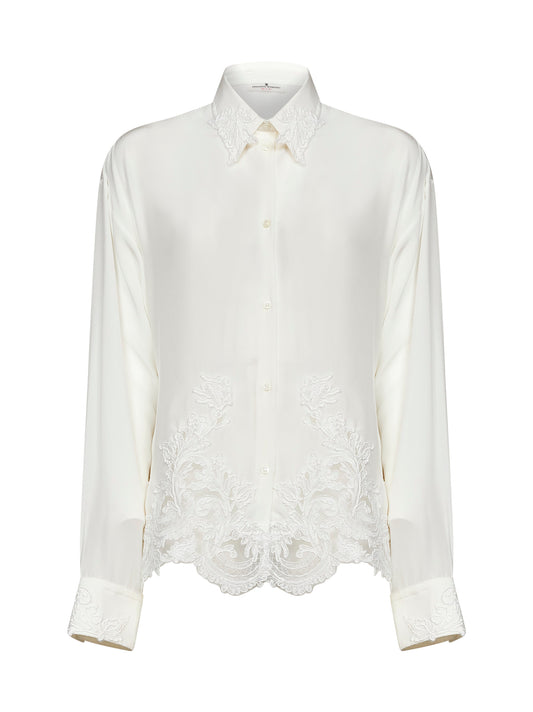 White silk crêpe de Chine shirt with lace embroidery