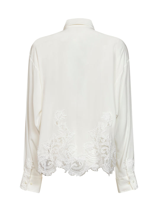 White silk crêpe de Chine shirt with lace embroidery