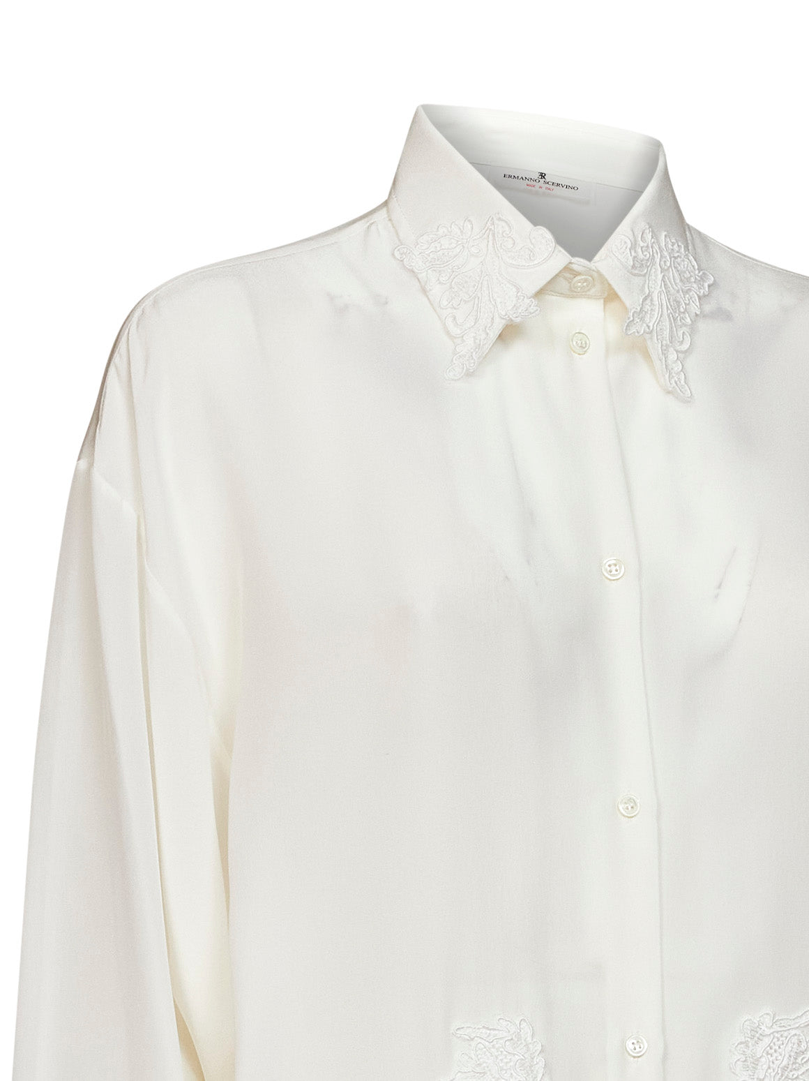Camicia in crêpe de chine di seta bianca con ricamo in pizzo