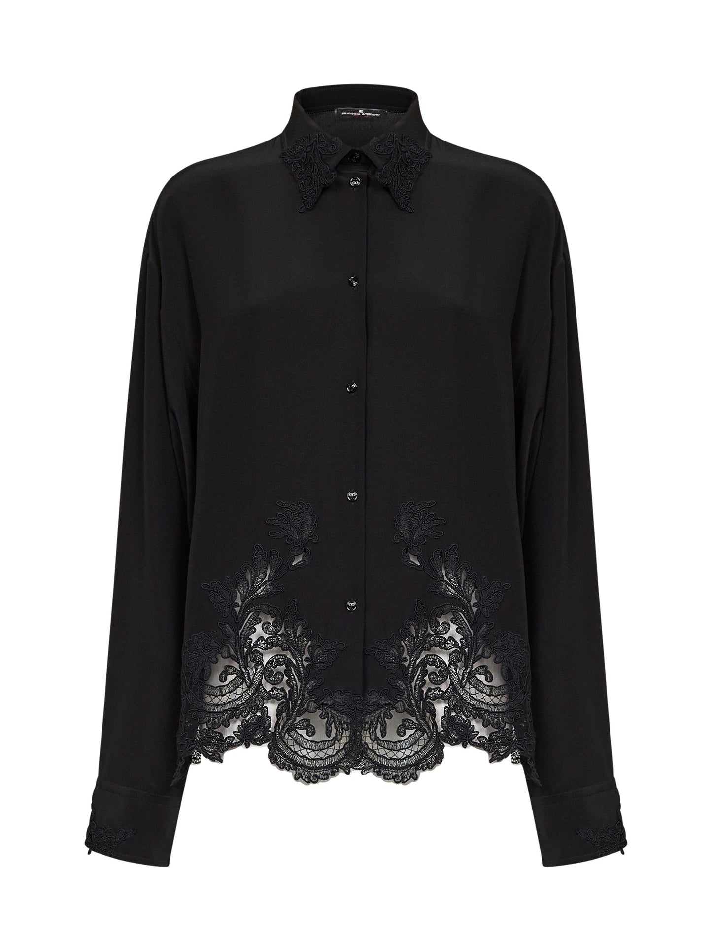 Black silk crêpe de Chine shirt with lace embroidery