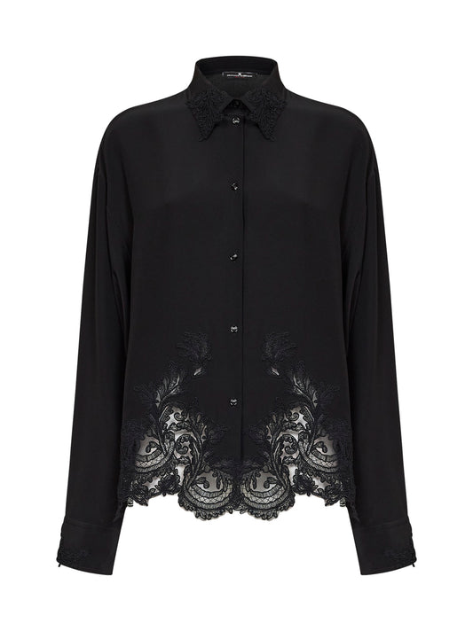 Black silk crêpe de Chine shirt with lace embroidery