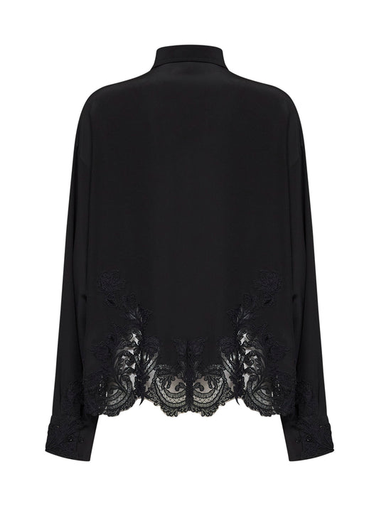 Black silk crêpe de Chine shirt with lace embroidery