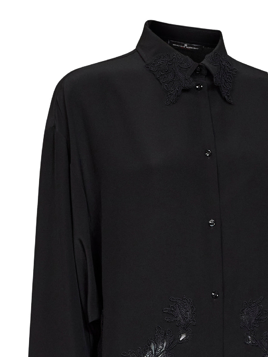 Black silk crêpe de Chine shirt with lace embroidery