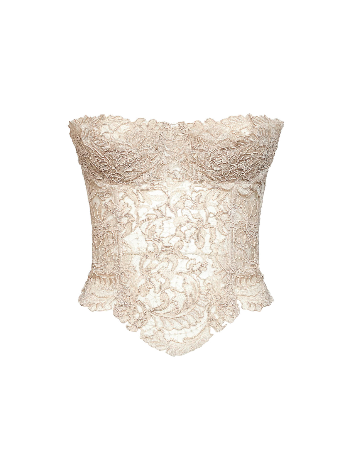 Beige embroidered tulle and rebrodé lace bustier top
