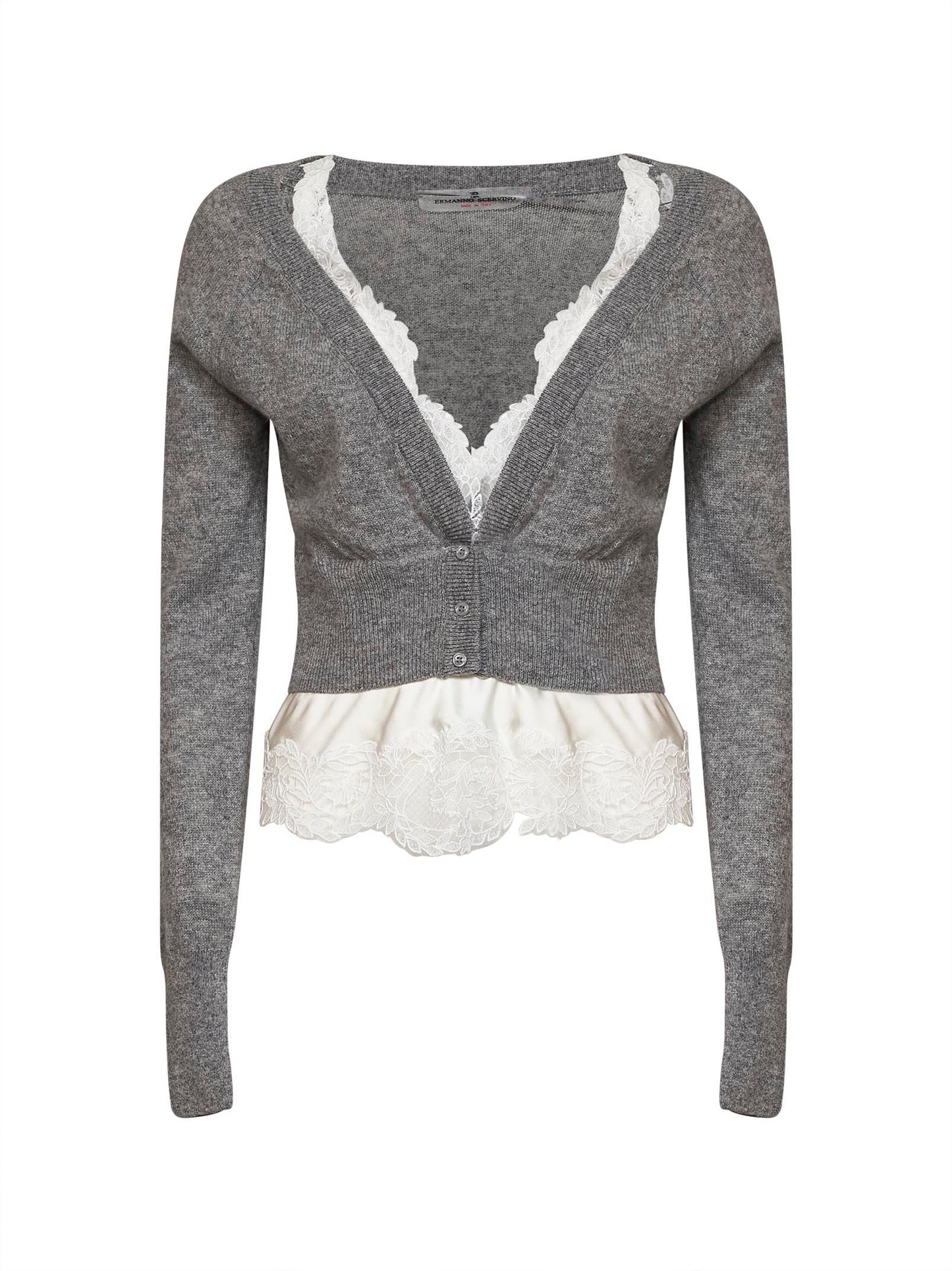 Cardigan crop in cashmere grigio con inserto in raso e pizzo