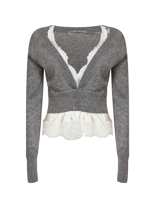 Grey cashmere cropped cardigan with satin and lace insert