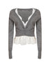 Cardigan crop in cashmere grigio con inserto in raso e pizzo