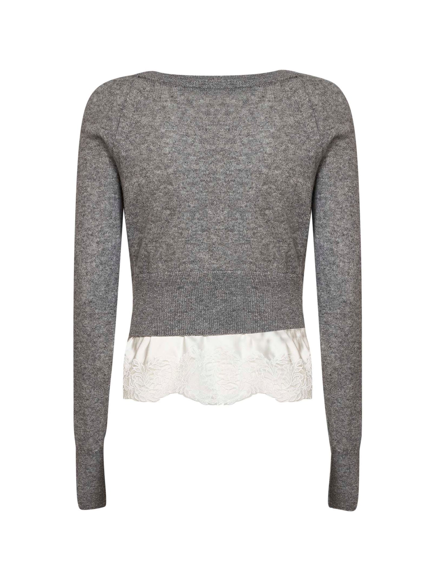 Cardigan crop in cashmere grigio con inserto in raso e pizzo