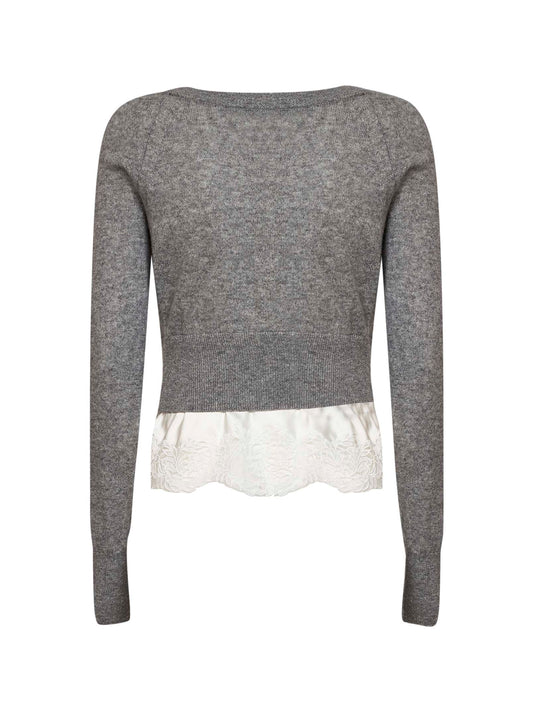 Grey cashmere cropped cardigan with satin and lace insert