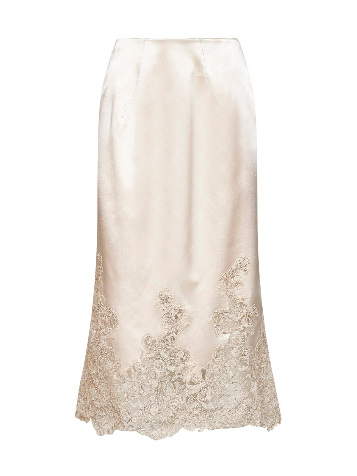 Gonna midi in raso di seta beige con inserti in pizzo