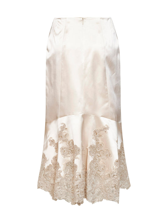 Beige silk satin midi skirt with lace inserts