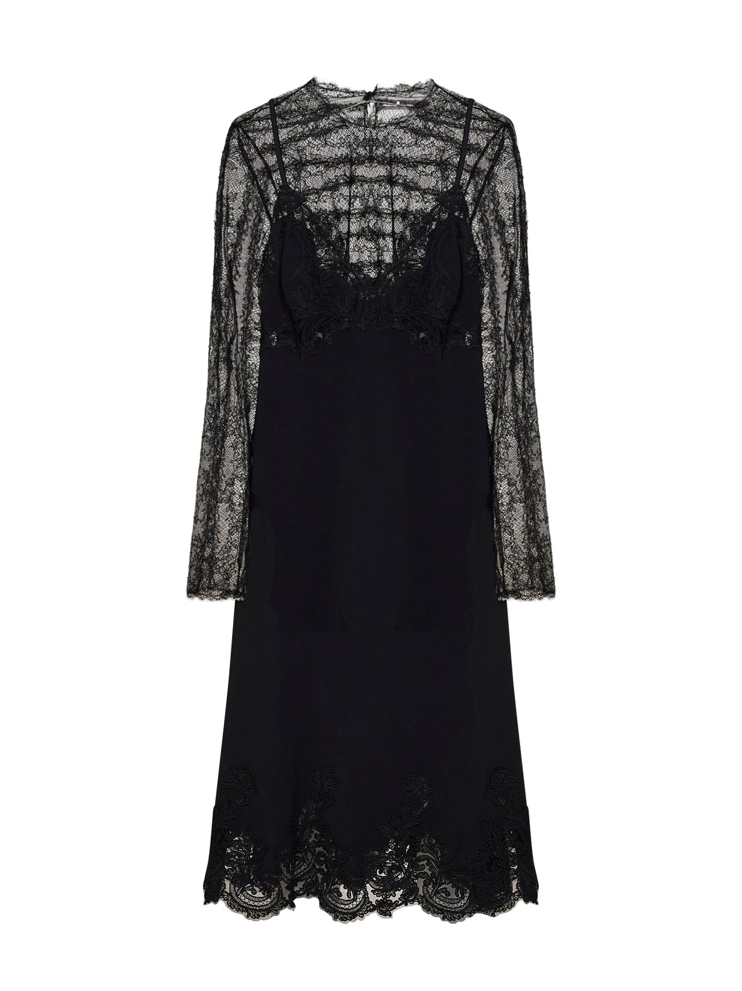 Abito lingerie midi in cady e pizzo nero con top in tulle