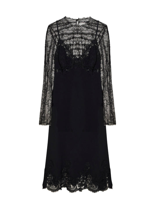 Abito lingerie midi in cady e pizzo nero con top in tulle