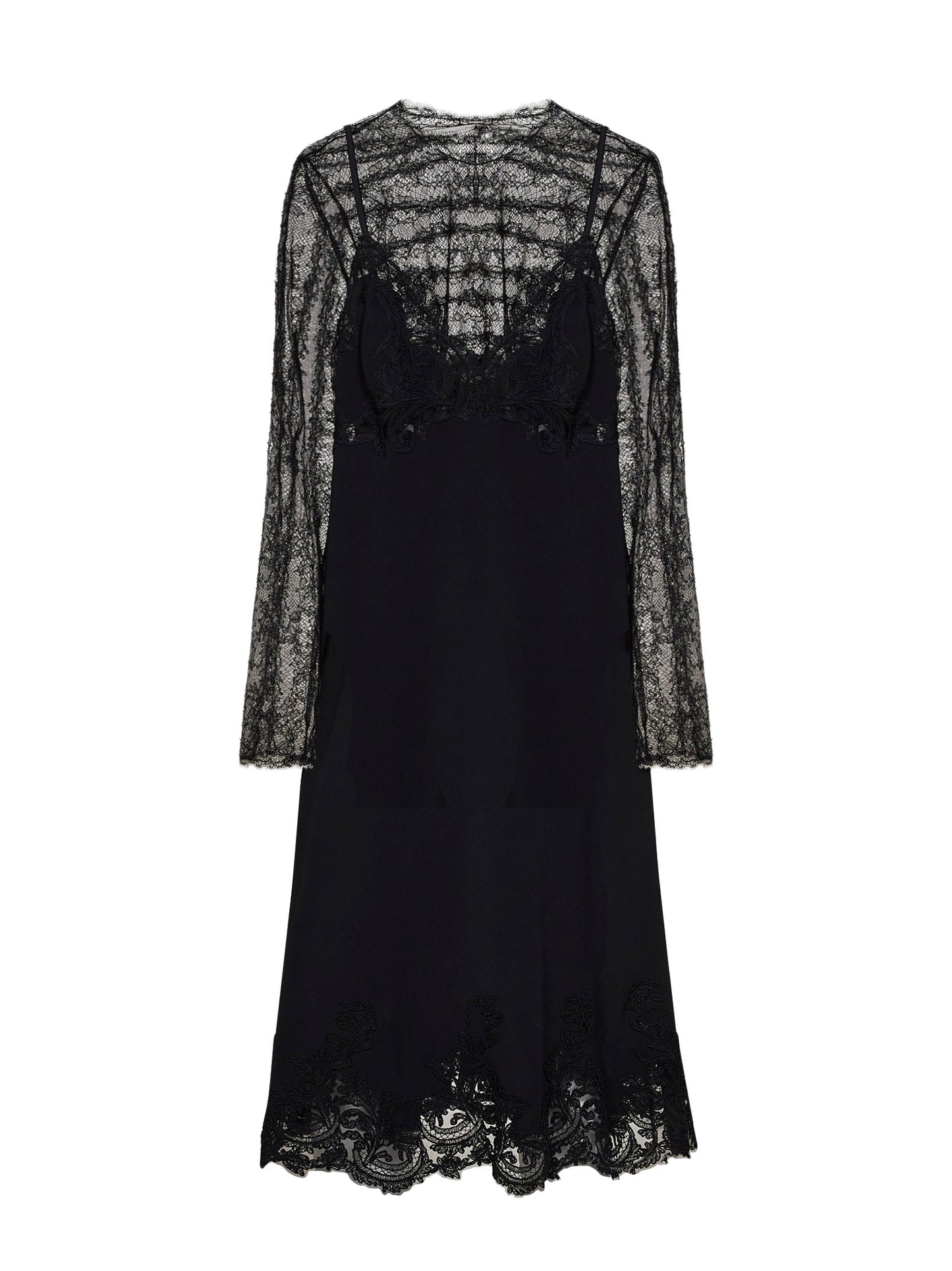 Abito lingerie midi in cady e pizzo nero con top in tulle