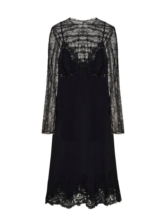 Abito lingerie midi in cady e pizzo nero con top in tulle