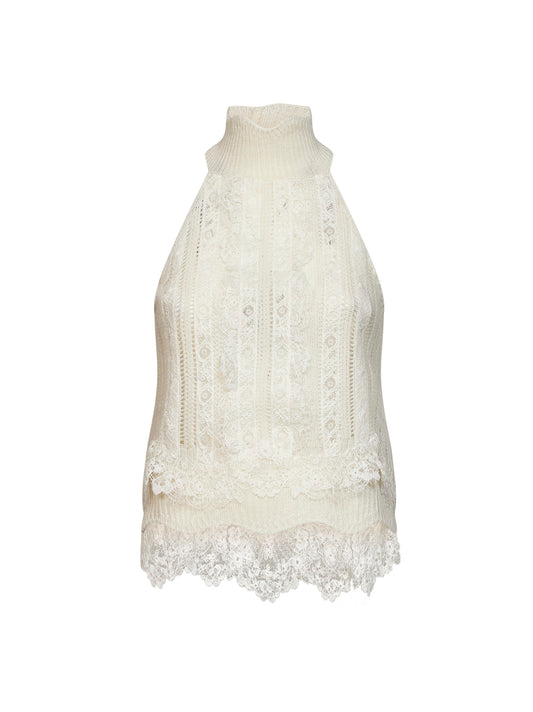 Top in maglia di cashmere con pizzo valencienne rosa