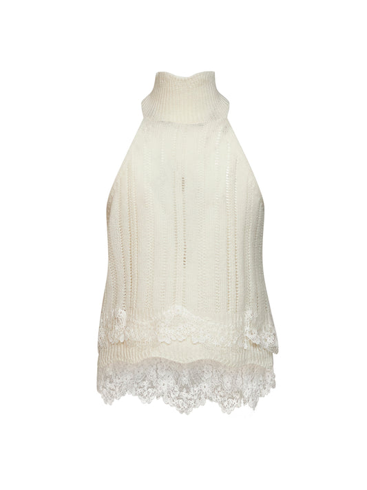 Top in maglia di cashmere con pizzo valencienne rosa