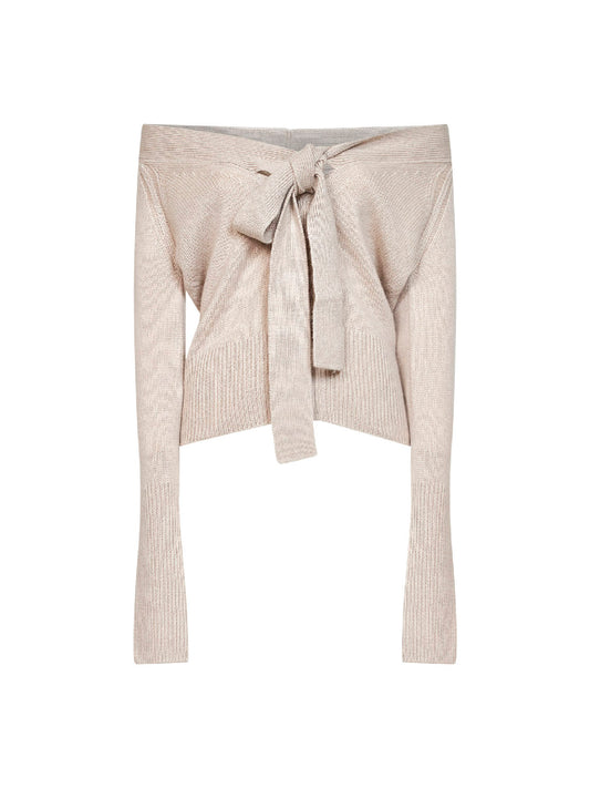 Cardigan in maglia di cashmere mandorla con fiocco