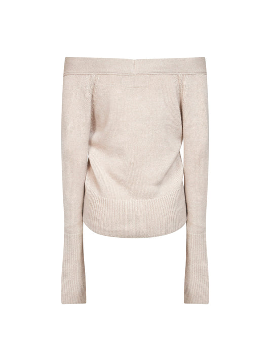 Cardigan in maglia di cashmere mandorla con fiocco