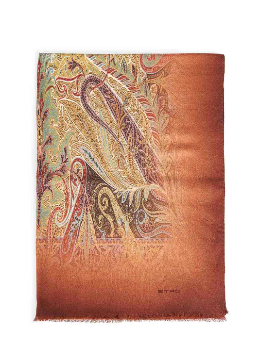 Brown wool printed scarf with Paisley pattern