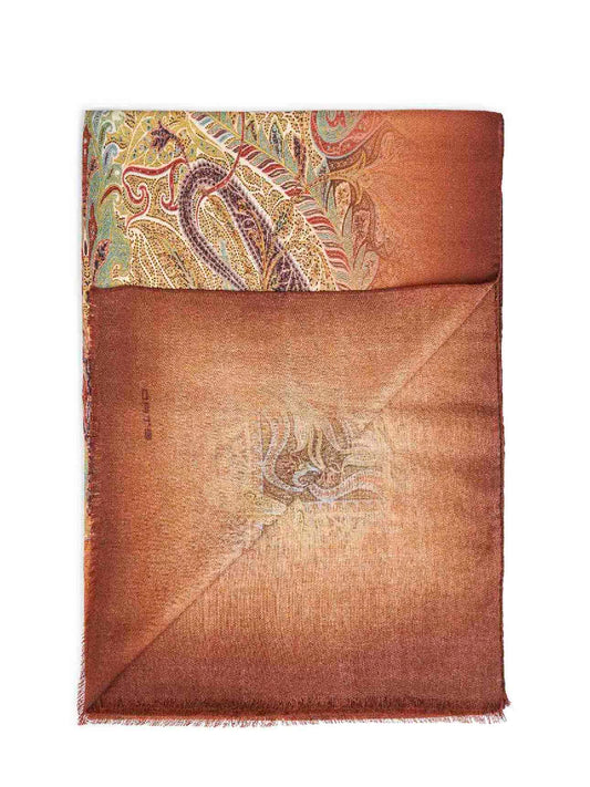 Brown wool printed scarf with Paisley pattern