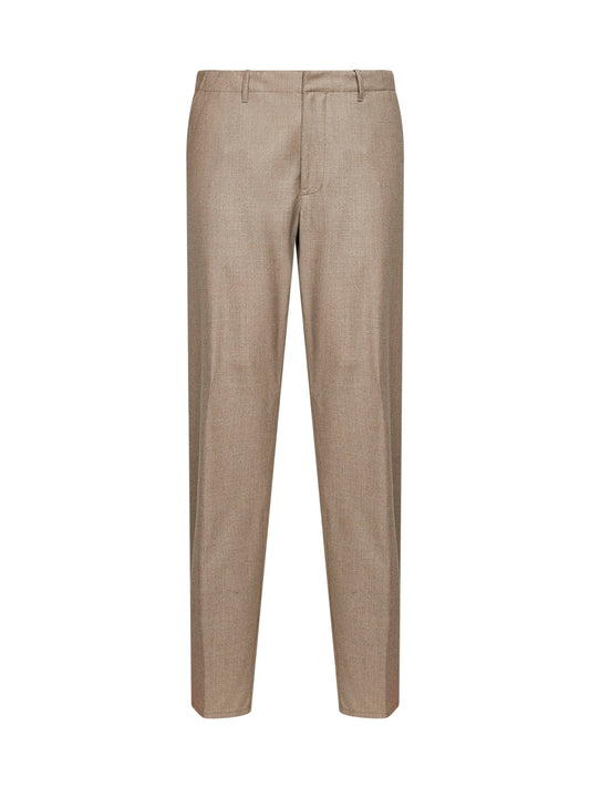 Beige wool flannel trousers with logo