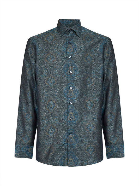 Camicia in cotone jacquard con motivo ornamentale blu
