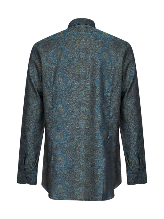 Camicia in cotone jacquard con motivo ornamentale blu