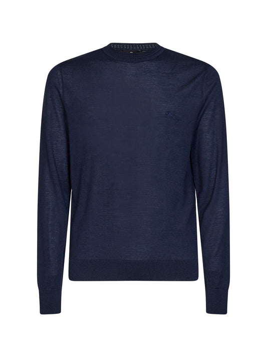 Navy blue wool and silk Pegaso-embroidered sweater