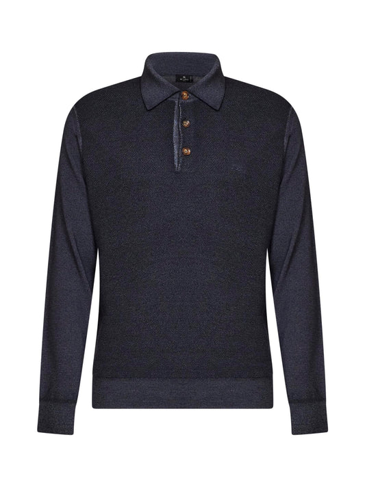 Indigo two-tone wool knit logo-embroidered polo shirt