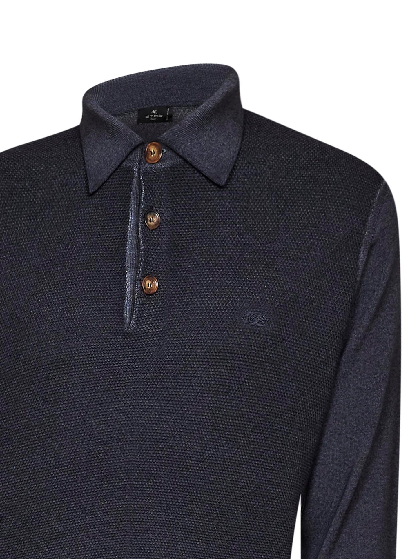 Indigo two-tone wool knit logo-embroidered polo shirt