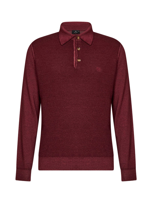 Burgundy two-tone wool knit logo-embroidered polo shirt