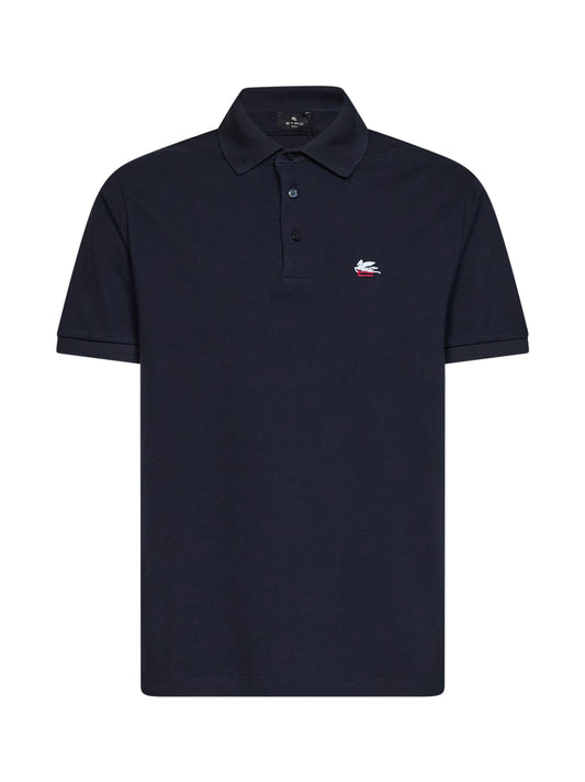 Navy blue cotton piqué Pegaso-embroidered polo shirt