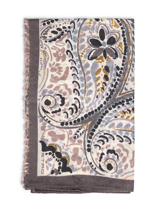 Sciarpa in lana e seta beige con motivo Paisley floreale