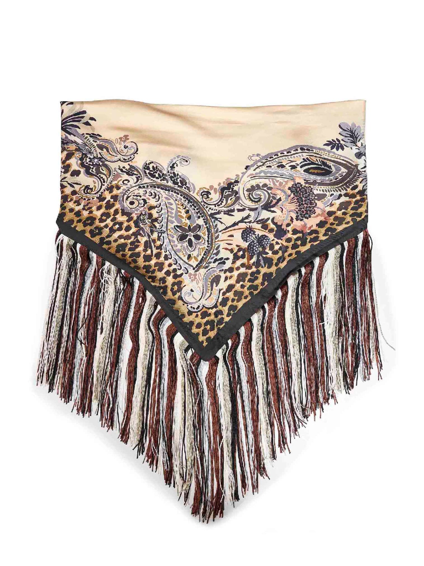 Foulard in twill di seta stampata beige con frange<BR/>