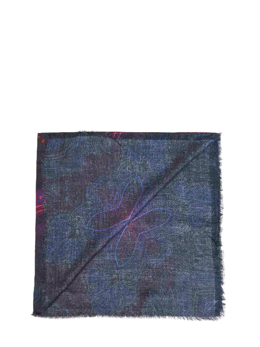 Blue modal and cashmere shawl with dégradé pattern